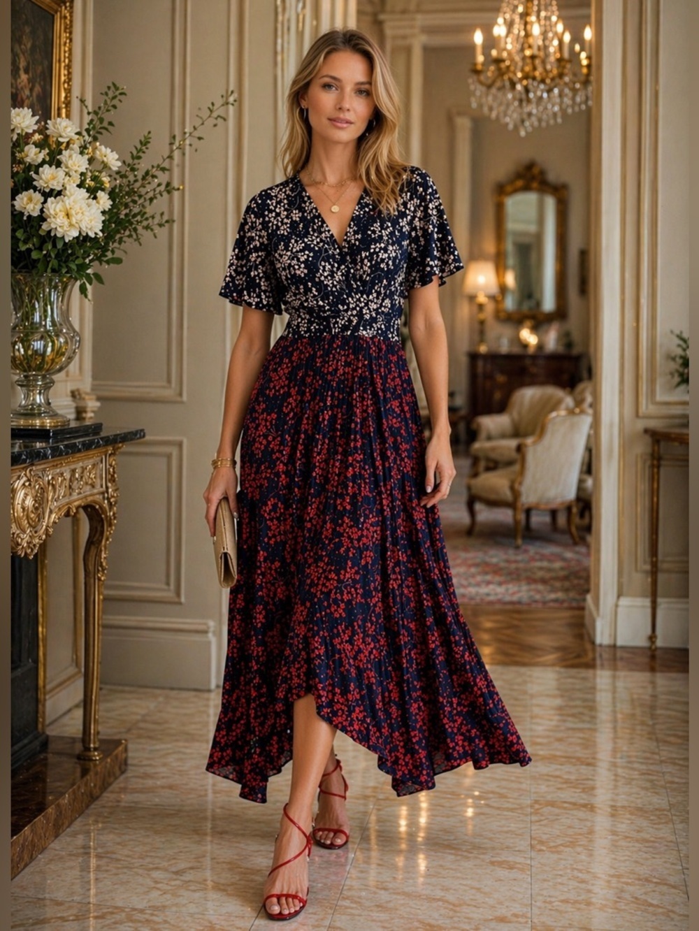 Boden Red Navy Floral Handkerchief Hem Dress Petite 10 Boho Chic Midi